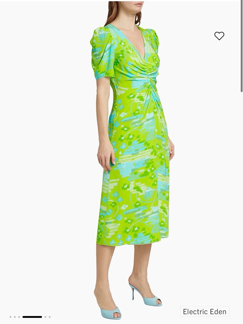 NWT RHODE Maci Dress Electric Eden Green Blue Ruched Puff Sleeve Midi 14